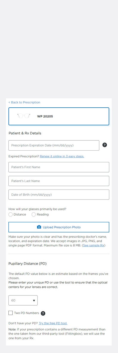 Example of the Eyeconic checkout form where you enter your prescription PD