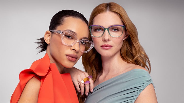 Two female models wearing Pure eyeglasses